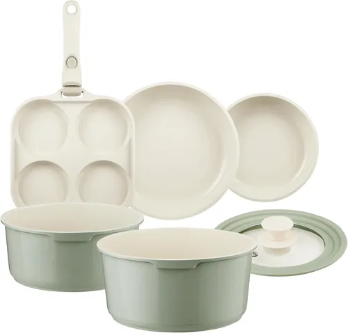 Miniatura 8 de Juego de ollas y sartenes de cerámica antiadherente, juego de 7 piezas de utensilios de cocina antiadherentes con mango desmontable, juego de Rosa