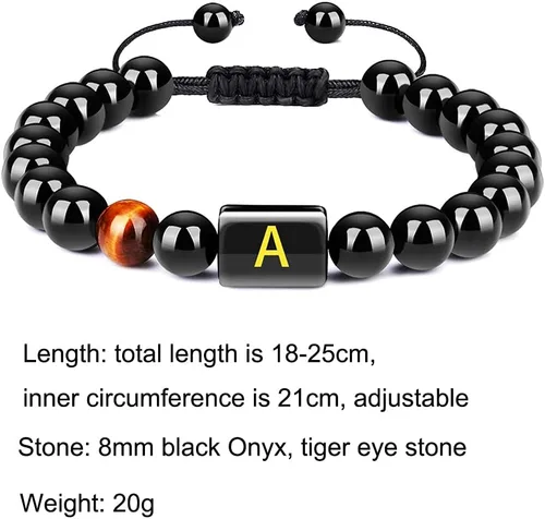 Miniatura 5 de Pulseras de iniciales para hombre, eslabones de letra, hechas a mano, 0.315 in, ónix negro natural, cuentas de piedra de ojo de tigre, cuerda