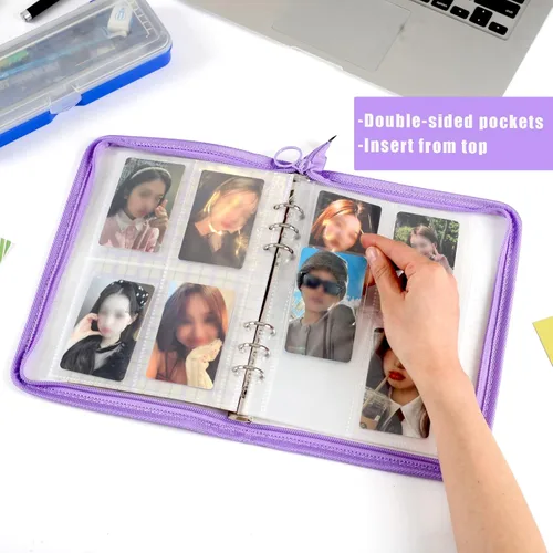 Miniatura 5 de Libro de 4 bolsillos para tarjetas fotográficas K-pop con 30 páginas interiores, 6 anillas, carpeta de tarjetas fotográficas A5, libro para Morado