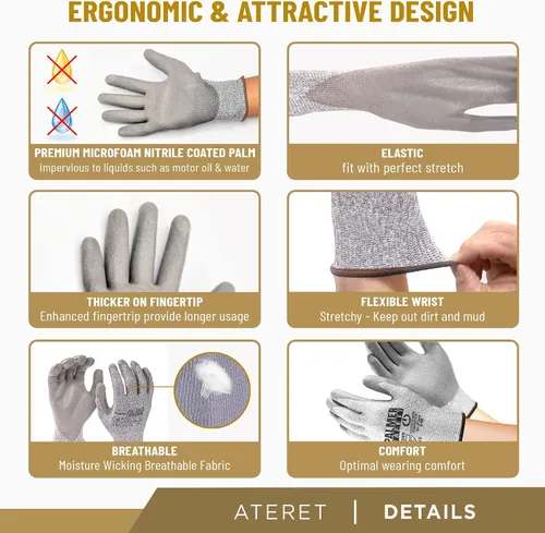 Miniatura 2 de ATERET Guantes de trabajo de nailon HPPE y guantes recubiertos de fibra de vidrio, uso ideal para corte de vidrio, fabricación