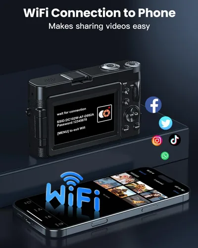Miniatura 4 de Cámara digital 4K para fotografía, WiFi de 64 megapíxeles con pantalla giratoria de 180° de 3" con enfoque automático, cámara para videoblogs