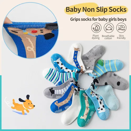 Miniatura 5 de 12 pares de calcetines antideslizantes para bebés, niños y niñas, calcetines de agarre para niños pequeños, calcetines de algodón transpirable