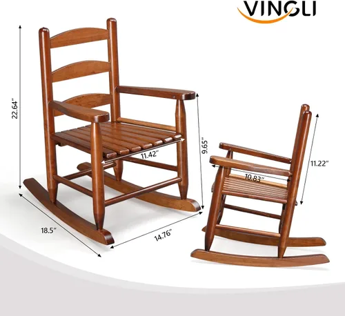 Miniatura 3 de JOYMOR Silla mecedora de madera para exteriores para niños con respaldo alto, balancín para niños resistente al clima, silla mecedora de patio