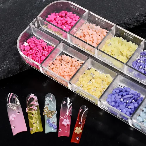 Miniatura 4 de Abalorios de uñas con flores 3D, flor acrílica rosa pastel 3D para uñas, cuentas de caviar doradas, decoración de uñas, kit de diamantes