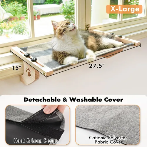 Miniatura 2 de AMOSIJOY Percha de Ventana para Gatos Hamaca de Ventana para Gatos con Marco de Madera y Metal para Gatos Grandes, Fácil de Ajustar Cama de Gato Gris