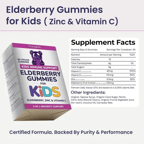 Miniatura 3 de Gomitas de saúco para niños, 3 en 1, vitamina C y zinc, vegano, suplemento orgánico de apoyo inmunológico para niños, sin azúcar añadido, apto