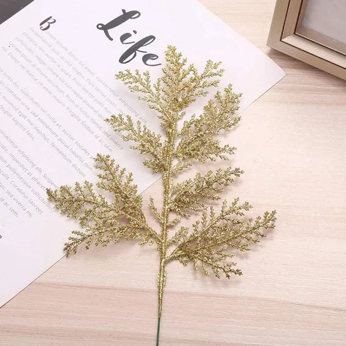 DULRLLY 10 púas artificiales de hojas de Navidad, ramas de árbol de imitación doradas, adorno de árbol de Navidad, espray de hojas con purpurina