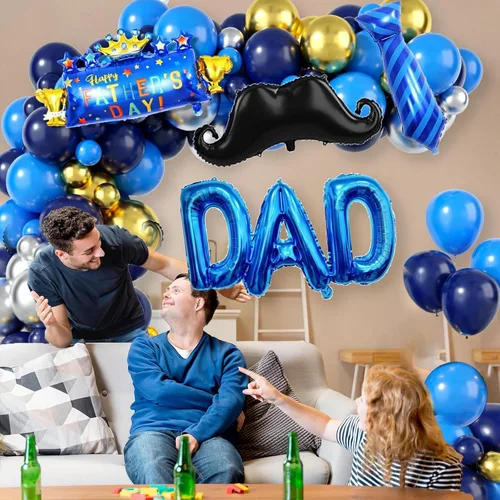 Miniatura 7 de Decoración del día del padre, arco de globos azul marino para el día del padre, kit de guirnalda de globos azules y dorados con corbata para barba