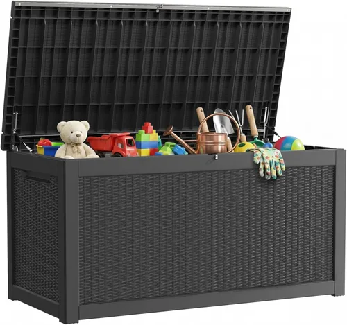 Miniatura 26 de Caja de almacenamiento para exteriores de 35 galones, caja de resina impermeable y con cierre para terraza, grande, contenedor de almacenamiento