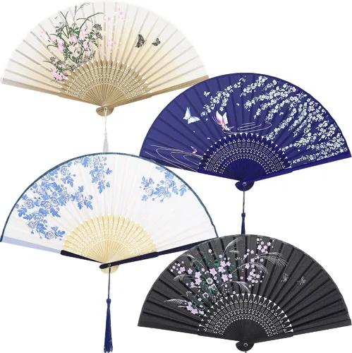 Miniatura 8 de Aneco 4 ventiladores plegables de mano, abanicos de tela de seda, abanicos de mano para bodas, fiestas, regalos, decoración de pared
