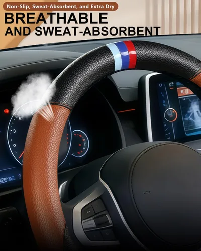 Miniatura 5 de Funda para volante de cuero para BMW, fundas universales para volante de automóvil para coche, SUV, camión con forro antideslizante de 14.5-15 Marrón