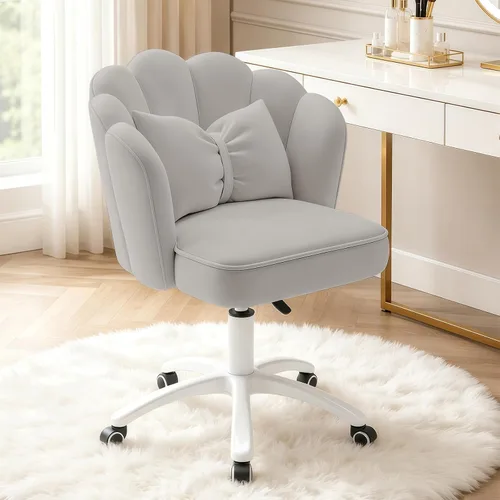 Silla de tocador con ruedas, silla de escritorio de pétalos de terciopelo, silla tapizada para la oficina en casa, para mujeres y niñas, silla de