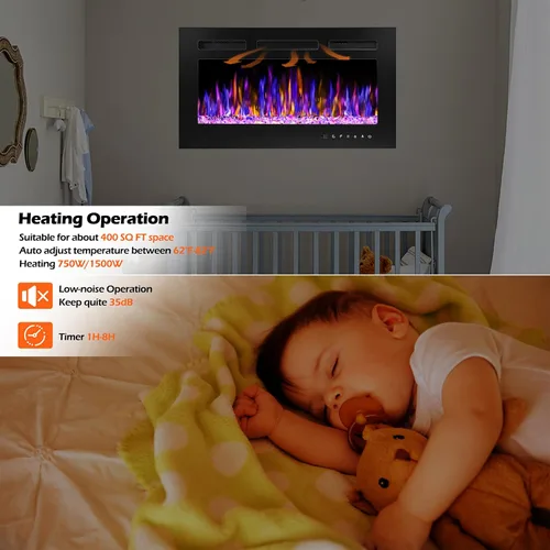 Miniatura 5 de BETELNUT Chimenea eléctrica de 30 pulgadas montada en la pared y empotrada con control remoto, calentador de chimenea de pared ultrafino
