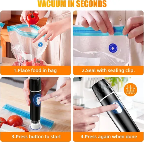 Miniatura 6 de Sellador al vacío compacto para alimentos, máquina selladora al vacío + 30 bolsas de vacío reutilizables, potente sellador de alimentos al vacío
