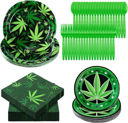 100 piezas de suministros para fiestas temáticas de hierbas, decoración de maceta, hojas, platos, servilletas, vajilla, regalo de fiesta de