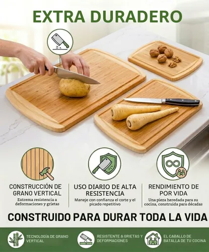 Miniatura 4 de Greener Chef Juego de 3 tablas de cortar de bambú de lujo con tecnología vertical de resistencia al grano, tablas de cortar de madera extra grandes