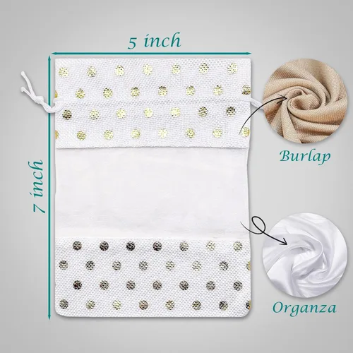 Miniatura 3 de The Display Guys - Paquete de 12 bolsas de regalo medianas de lino y organza con cordones (5 x 7 pulgadas, lunares blancos y dorados) – Bolsa