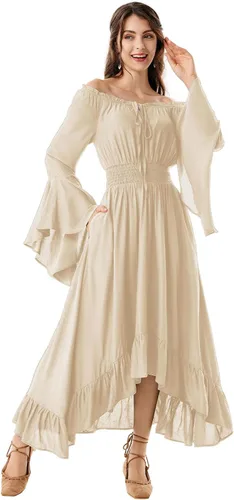 Miniatura 2 de Scarlet Darkness Disfraz de feria renacentista para mujer, con hombros descubiertos, manga larga acampanada, vestido alto y bajo