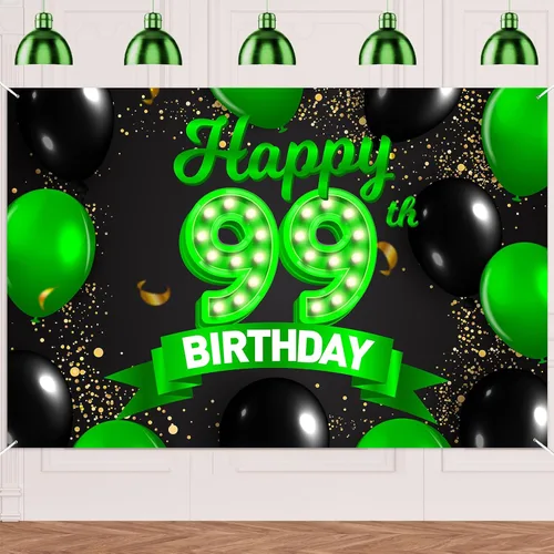 Miniatura 33 de Cartel de feliz cumpleaños 26 verde y negro, telón de fondo con texto en inglés "Cheers to 26 years old confeti", globos de confeti, decoración