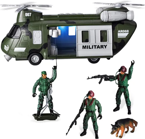 Miniatura 6 de JOYIN Vehículos militares Juego de juguete de helicóptero de transporte alimentado por fricción con sirena de luz y sonido, y figuras de acción