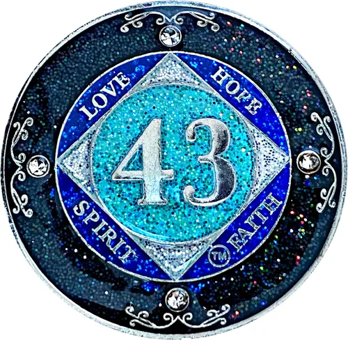 Miniatura 32 de NA 1 año de cristales y medallón de purpurina, moneda chapada en color plateado, arco iris negro, purpurina azul y cuatro cristales transparentes