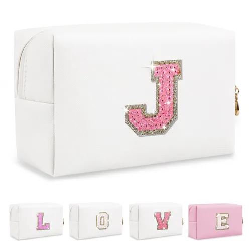 Miniatura 340 de Pequeña bolsa de maquillaje personalizada con inicial A-Z Preppy Patch, bolsa de cosméticos de viaje de felpilla blanca con cremallera, bonita bolsa