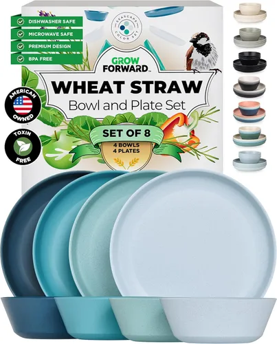 Miniatura 10 de Grow Forward Juego de platos y cuencos de paja de trigo de alta calidad, 8 piezas, platos de paja de trigo irrompibles y reutilizables, aptos