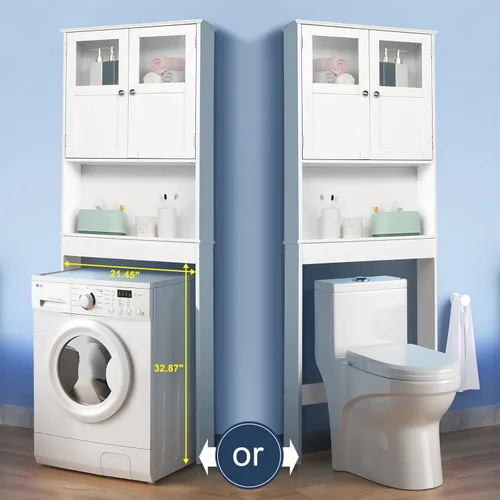 Miniatura 3 de Bonnlo Armario de almacenamiento sobre el inodoro con estante ajustable, organizador de suelo de baño blanco, ahorro de espacio con puertas dobles