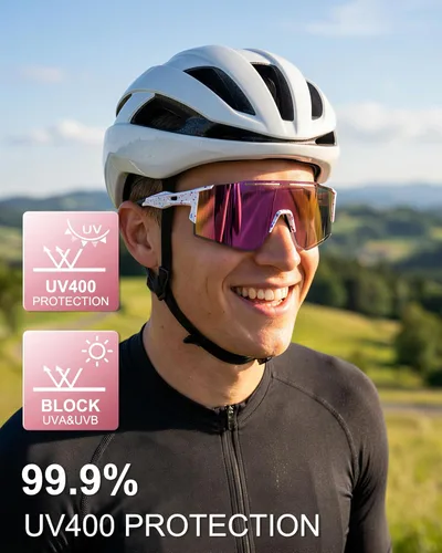 Miniatura 3 de OULAIQI Gafas de sol de ciclismo, polarizadas, para hombres y mujeres, con 1 lente o 3 lentes intercambiables, gafas de béisbol Rosa