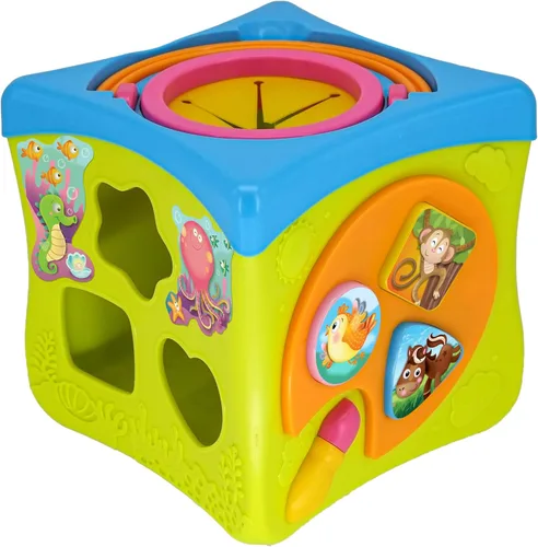 Kiddieland Cubo de actividad de luz y sonido para niños pequeños – teclas de piano musical, clasificador de formas de animales, 6 lados de juego,