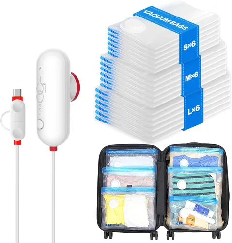 Miniatura 12 de VMstr Paquete de 15 bolsas de almacenamiento al vacío de viaje con bomba USB, sello de embalaje al vacío para equipaje y maleta, ahorro de espacio