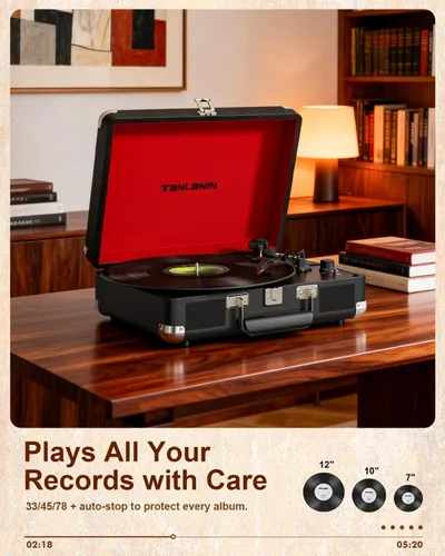 Miniatura 5 de TANALNIN - Tocadiscos de vinilo, tocadiscos portátil de maleta con Bluetooth de 3 velocidades con altavoces integrados, grabación USB, salida RCA