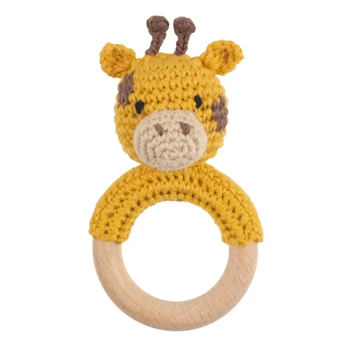 Joliecraft Juguetes Sonajeros de Madera de Animales de Safari para Bebé, Sonajero de Ganchillo Relleno con Anillo Mordedor para Recién Nacido, Jirafa