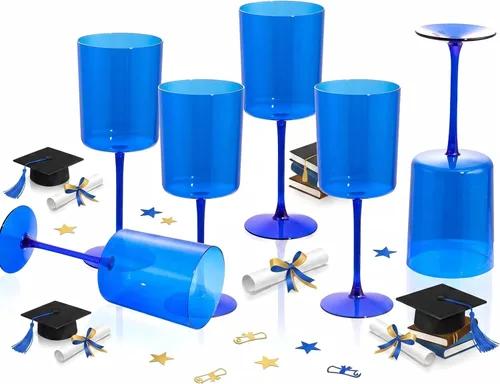Ciaell Paquete de 6 copas de vino de plástico azules de 10 onzas con tallo – Copas de vino desechables para fiestas, bodas, piscina, aire libre y