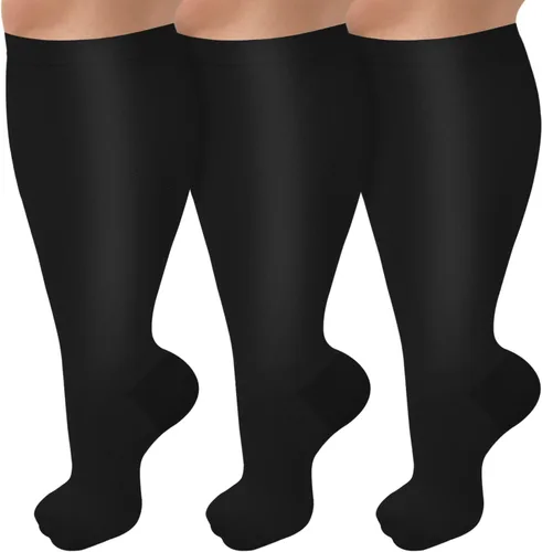 Paquete de 3 calcetines de compresión de talla grande para mujeres y hombres, medias extra anchas de pantorrilla hasta la rodilla para soporte de