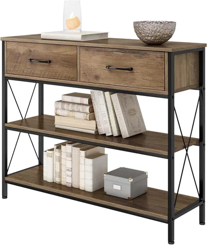 HITHOS Mesa Consola Industrial con Cajones, Mesa de Vestíbulo de Entrada Vintage con Estantes de Almacenamiento, Mesa de Entrada Estrecha y Larga