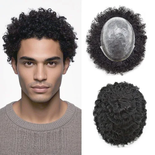 Miniatura 11 de Tupé rizado afro para hombres negros Full Poly African American Curl sistemas de cabello humano inyectado PU Coily Male Hairpieces Poly Hair