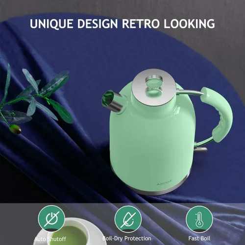 Miniatura 6 de ASCOT Hervidor eléctrico, de acero inoxidable, hervidor de té eléctrico, regalos para hombres/mujeres/familia, calentador de té retro de 1.5 L 1500