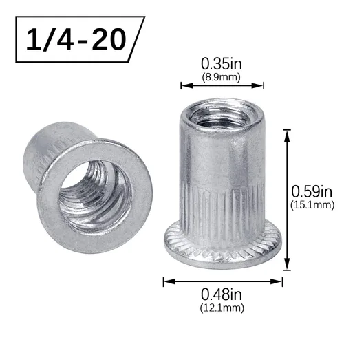 Miniatura 2 de 50 piezas 1/4-20 Tuerca de remache de brida de aluminio, tuerca roscada de inserción de cabeza plana UNC Plata -50 piezas