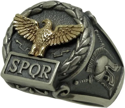 Miniatura 3 de Anillo de plata de ley y oro macizo amarillo de 10 quilates hecho a medida con águila del imperio romano SPQR Skull Biker para hombre