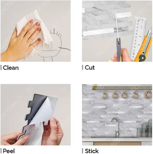Miniatura 5 de Tic Tac Tiles Autoadhesivo extraíble para la loseta del muro de la cocina o el baño, azulejos metálicos (blanco mármol, 1)