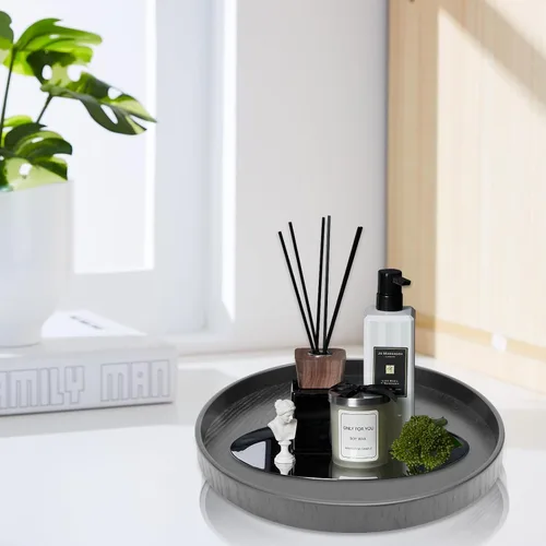 Miniatura 6 de Bandeja de servicio redonda negra, bandeja otomana de nogal de gran tamaño para sala de estar para desayuno en la cama, decoración de mesa auxiliar