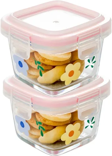 Miniatura 12 de Paquete de 2 recipientes de vidrio pequeños de 4 onzas con tapas, herméticos cuadrados de vidrio para alimentos, tarros de vidrio con flores