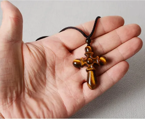 Miniatura 4 de QIANXU Collares de cruz de cristal de ojo de tigre para mujeres y hombres, amuleto de protección de Jesús, collar con colgante de joyería curativa