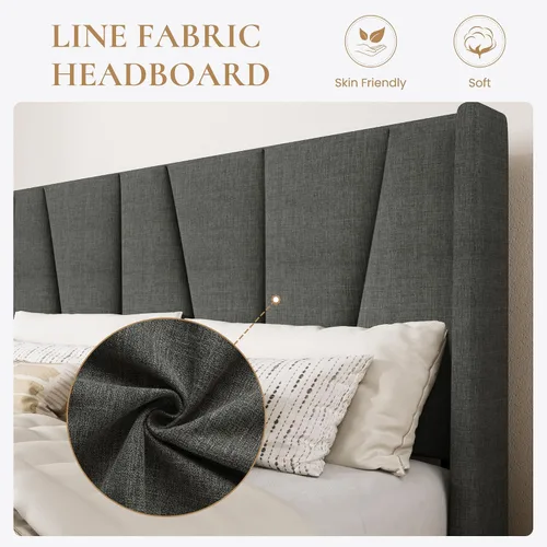 Miniatura 4 de SHA CERLIN Base de cama tamaño Queen con cabecera geométrica con respaldo de ala, plataforma tapizada con soporte de listones de madera, espacio Gris
