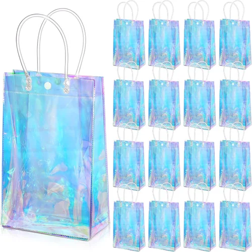 Miniatura 7 de Sherr 16 piezas bolsas de regalo pequeñas holográficas reutilizables iridiscentes transparentes para mujeres, portador de plástico de PVC con asas