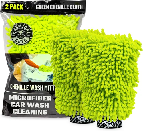 Chemical Guys Guantes de microfibra de chenilla de alta calidad sin arañazos para lavado de autos, paquete de 2, color verde lima, guantes de lavado
