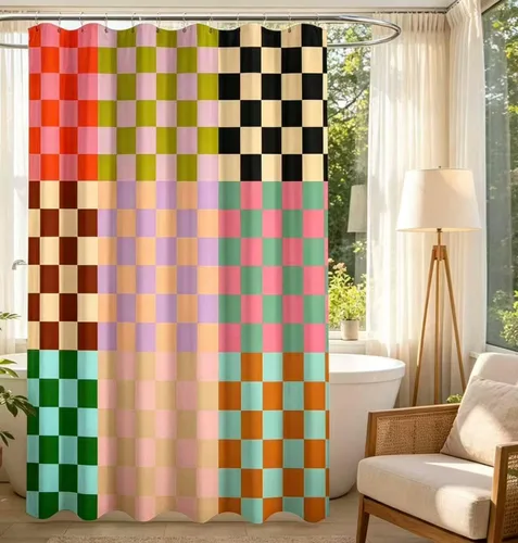 Linen Checkerboard Shower Curtain Seats,Mid-Century Geometric Curtains for Bathroom,Morden Boho Colorful Art Shower Curtains 72x72 Inch