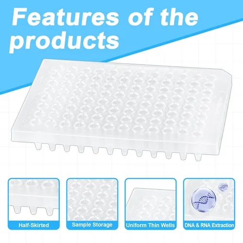 Miniatura 3 de Placas PCR de 96 pocillos de 0.0 fl oz, placa PCR de polipropileno transparente con faldón, tubos de pared ultrafinos, sin ADNasa/RNasa, paquete