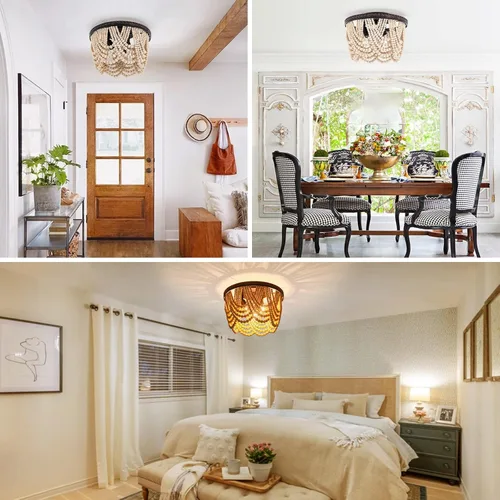 Miniatura 5 de Lámpara de techo de madera con cuentas de granja, 3 luces, estilo bohemio, con cuentas de madera, accesorios de iluminación vintage para entrada